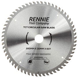 Rennie Tools - 260mm x 30mm x 60T TCT Circular Wood Saw Blade Includes 25mm 20mm & 16mm Bore Reduction Rings. Compatible with Festool Bosch Makita Dewalt Circular Saw Etc.