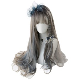 Harajuku Style GAL Wig, Lolita, Cosp Wig, Heat Resistant, Women's (Gray, Blue) Mesh, Long, Curly Hair, Goth Loli, Forest Girl, Cute Princess, Small Face, Party, Costume, Everyday Wig