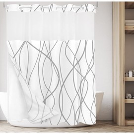 Tititex No Hooks Snap in Liner Abstract Curve Lines White Grey Shower Curtain, Hotel Luxury Double Layers No Hooks Waterproof Fabric & See-Through Top Window Bathroom Decorative 71x71 Inch
