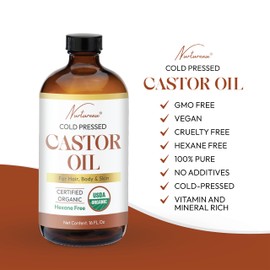 Organic Cold Pressed Castor Oil, Glass Bottle (16 Fl Oz), All Natural, Hair Growth, Nail Growth and Dry Skin, Muscle Relief, Lash Growth, Holistic Oil, Unscented, Skin Hydration