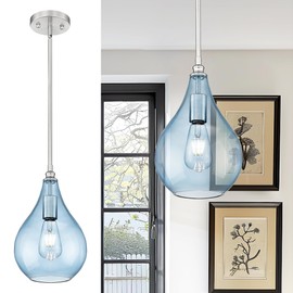 TENGXIN 8 Inch Hanging Pendant Light, Kitchen Island Pendant, Blue Glass, Farmhouse Style, Dining Room, Bedroom