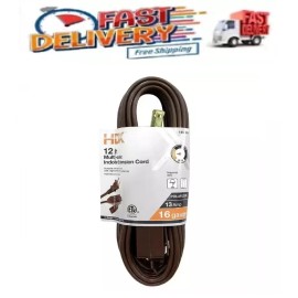 HDX 12 ft. 16/2 Light Duty Indoor Extension Cord, Indoor Use, Brown, 3-outlet NEW