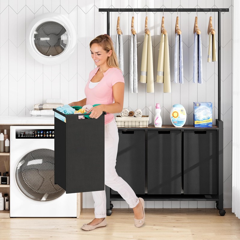 GarveeHome Laundry Sorter, Laundry Hamper 3-Section With Hanging Rack, Rolling