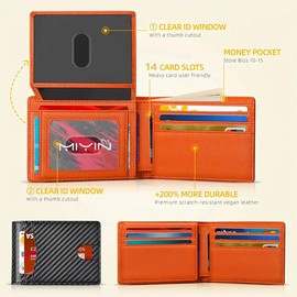 BOMPOW Carbon Fiber 14-Slot Men's Slim Wallet Bifold Card Holder with ID Window | Thin Front Pocket Minimalist Wallet for Men (Orange)