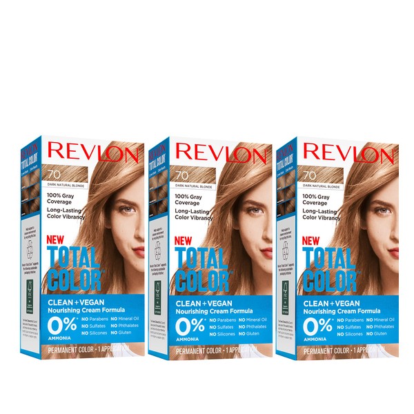 REVLON Total Color Permanent Hair Color, Clean and Vegan, 100% Gray Coverage Hair Dye, 70 Dark Natural Blonde, 10.2 oz (Pack of 3)