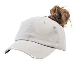 Eohak Ponytail Baseball Hat Distressed Retro Washed Womens Twill, Light Grey, Medium