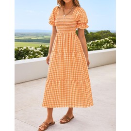 ZESICA Women's 2025 Bohemian Summer Plaid Square Neck Puff Sleeve Ruffle Flowy Beach Midi Dress,Orange,Small
