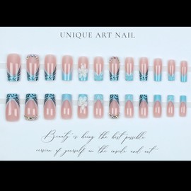 Blue French Tip Press on Nails Medium Long Leopard Print False Nails 3D Flower Fake Nails with Rhinestone Designs Cute Square Nail Tips Full Cover Glossy Stick Glue on Nails for Women Girls Nail Decor