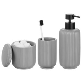 mDesign Fluted Resin 3-Piece Bathroom Vanity Countertop Accessories - Soap Dispenser, Tumbler Rinsing Cup, and Canister Holder Sets - Complete Modern Counter Aesthetic - Set of 3 - Gray