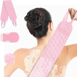 MKUCCD Exfoliating Back Scrubber with Handle, Exfoliating Glove and Bath Loofah Set, Body Exfoliator Bath Tool Deep Cleansing Skin, for Both Men and Women - 3 Pack (85 * 9.5CM) (Pink)