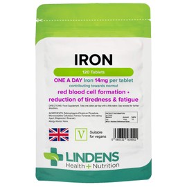Lindens Iron 14mg - 120 Vegan Tablets - Reduce Tiredness, Increase Energy | Creates Healthy Red Blood Cells | Normal Oxygen Transportation | (4 Months Supply) | UK Manufacturer, Letterbox Friendly