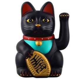 IBWell Maneki Neko Lucky Cat,Fengshui Cat- Waving Arm Battery Operated for Fortune Money and Good Luck (Black, 6 in)