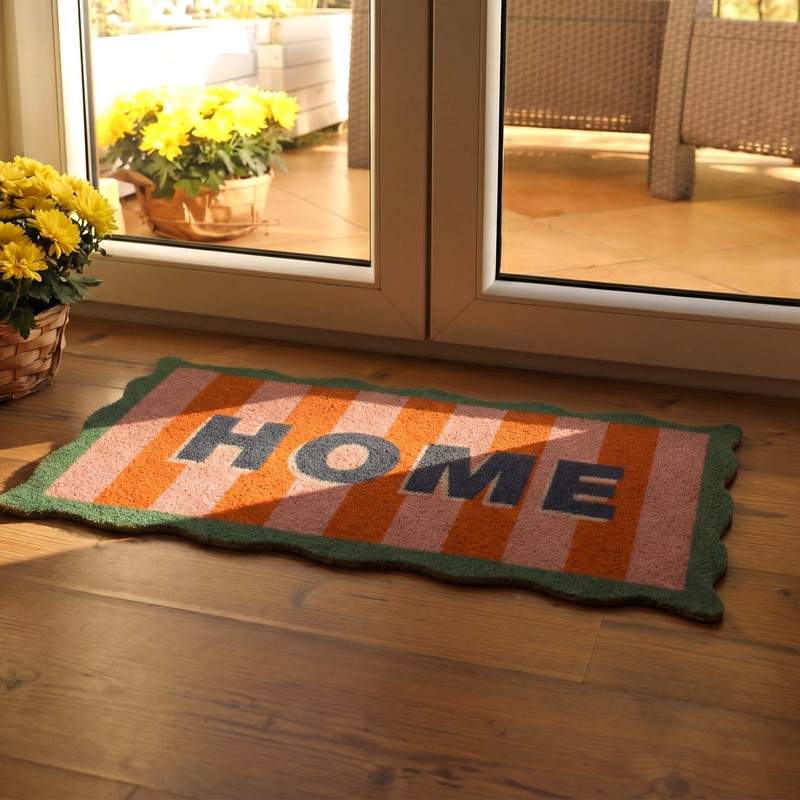 Scalloped Coir Welcome Doormat, 16 x 28 Inch Entrance Mat,Stripe,Classic