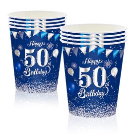 MORAINJAY 50th Birthday Paper Cups, Pack of 16 Blue with Silver for Man Woman, 9oz/250ml Party Decoration