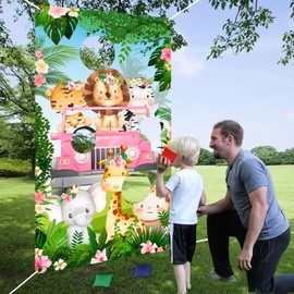 Safari Animals Toss Games Banner with Bean Bags, Jungle Animal Party Game for Girl, Safari Animals Photo Background for Wild Animals Party Supplies Zoo Party Jungle Theme Birthday Decorations