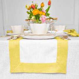 Solino Home Linen Small Easter Table Runner 36 Inch - Contempo, 100% Pure Linen Sunshine Yellow and White Table Runner 14 x 36 Inch Ideal for Dresser and Coffee Tables