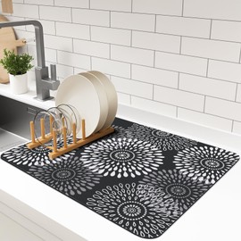 LuxStep Dish Drying Mat Super Absorbent Kitchen Counter Mat Rubber Backing Draining Mat Easy to Clean Kitchen Accessories Dish Rack Pad for Dishes, Utensils, Countertops, Sinks 15" x 18" Black