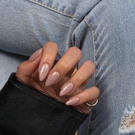 SXVME Brown Press On Nails Almond - Acrylic Press On Nails Medium Stiletto, Opaque Solid Taupe Fake Nails with Glue, Fit Perfectly, Reusable Soft Gel Stick on Nails for Women, 24 Pcs