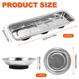 Set of 3 tool trays kit, 20.2 x 6.5 x 2.8 cm, rectangular magnetic bowl, 4 inch round magnetic bowl, stainless steel magnetic bowl, workshop, magnetic tool tray