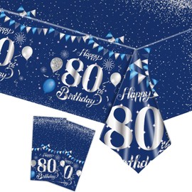 COSORO 2pcs Navy Silver Happy 80th Birthday Table Cloth,137*274cm 80th Tablecloth for Men Women 80th Birthday Table Decorations,Plastic Tablecloths Table Cover for Him Her 80th Birthday Decorations