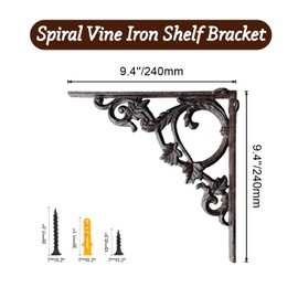 Cast Iron Victorian Scroll Shelf Brackets, 9 x 9 inch Antique Decor Shelves Bracket, Wrought Iron Corner Brackets,Wall Decorative, Modern Shelving Bracket for DIY Floating Shelves, 2 Pcs