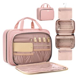 BAFAMYE 8L Travel Toiletry Bag with Jewelry Organizer for Women - 2.1 GAL Water-resistant Makeup Cosmetic Bag With Hanging Hook for Accessories Shampoo Full-size Container, Pink