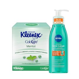 Kleenex Cold Care Pañielos Faciales Mentol, Paquete con 60 Pañuelos de Hoja Doble + NIVEA Derma Skin Clear Gel Limpiador Anti-imperfecciones,150 ml