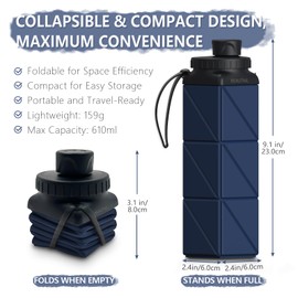 BEAUTAIL Collapsible Water Bottles, Silicone Foldable Water Bottle 610ml, Portable Lightweight Reusable Leakproof Bottle for Gym Travel Camping Hiking Sports Outdoor, 1 Pack (Dark Blue)