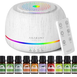 ASAKUKI 300ML Essential Oil Diffuser with Top 10 Oil Set for Home, Fragrance Aroma Diffuser with Changing Color Night Light and Auto-Off Safety Switch - Color: White
