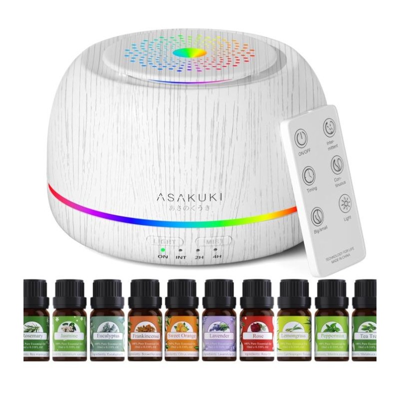 ASAKUKI 300ML Essential Oil Diffuser with Top 10 Oil Set