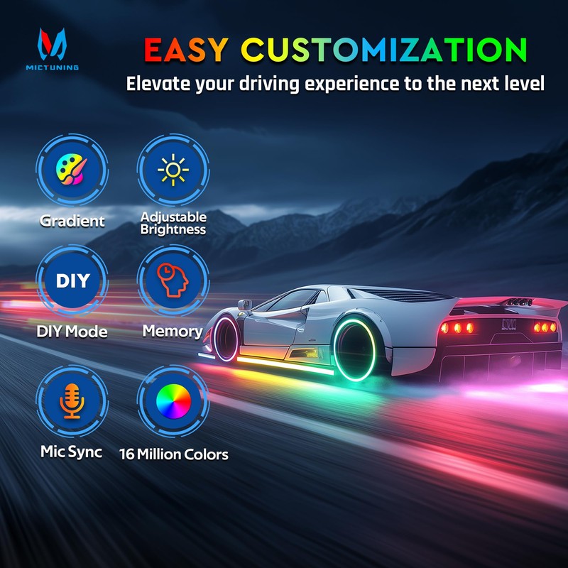 MICTUNING 8Pcs N8+ Chasing Color RGB+IC Underglow Neon Accent Strip