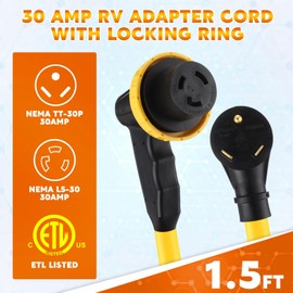 Kanayu 30 Amp RV Adapter RV Extension Cord with Locking Connector Plug NEMA TT-30P to L5-30R, Generator Extension Power Cord Adapter Plug with 90° Grip Handle, 10AWG/3C STW, ETL Listed(1.5ft)