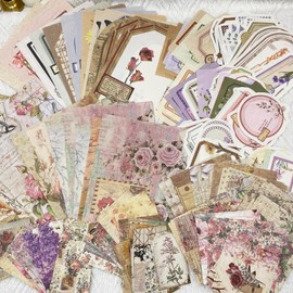 Ta merry Collage Design Paper, Assortment, Pack, Material Paper, Stickers, Retro, Cute, Girls, Stylish, Notebook, Background Paper, Set of 200, Large Capacity, Many Vintage Antique Flowers Frame