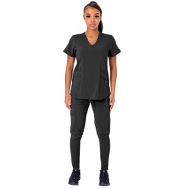 Banu Scrubs for Women Set - Stretch 4 Pocket V-Neck Top & Jogger pant - 4 way stretch (BLACK, M)