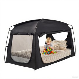 Privacy Bed Tent for Adults and Kids Portable Blackout Sleep Canopy with Breathable Mesh Windows, Light Blocking Bed Canopy Tent for Daytime Napping Privacy Shelter (Black Fits Twin Mattresses)
