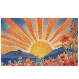 RYYCDOI Watercolor Boho Sun Sunrise Door Mat, Mid Century Modern Abstract Wildflower Mountain Landscape Welcome Mats Doormat for Front Door Porch Indoor Outside Entrance Entryway, 17x30 Inch