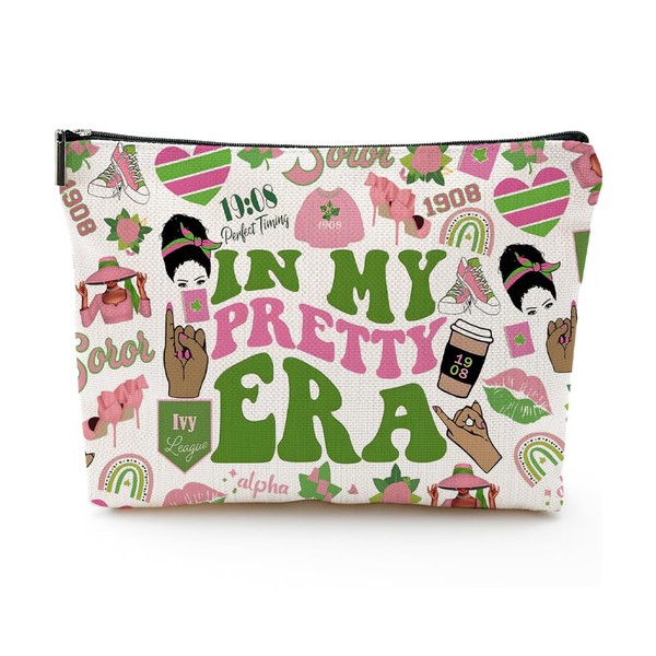 Sorority Gift Pink and Green Canvas Makeup Bags, In My