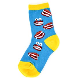 Foot Traffic Cute & Quirky Chatty Teeth Youth Socks, Blue & Yellow (Size 12-5Y)