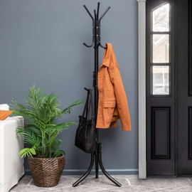 Mind Reader COATRACK11 Standing Metal Coat Rack Hat Hanger 11 Hook for Jacket, Purse, Scarf, Umbrella Tree Stand, Black