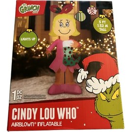 Christmas Inflatable 5Ft Cindy with Green Christmas Stocking in Pink Dress Indoor/Outdoor Holiday Decoration