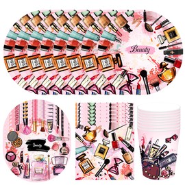 BZQCPLX 44Pcs Makeup Party Tableware, Spa Makeup Birthday Theme Party Supplies, Make Up Party Plates, Cups, Napkins, for Girls Make Up Themes Birthday Party Decoration (8 Guests)
