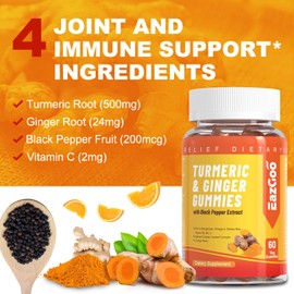 EAZGOO Turmeric Curcumin Gummies 500mg for Adults, with Black Pepper, Ginger Root, Vitamine C, Low Sugar Fruit Gummies, Orange Flavor - 120 Gummies