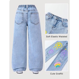 Fulihug Girls Jeans 10-12 Y2K Cute Baggy Wide Leg Distressed Denim Jeans Graffiti Boyfriend Skater Outfits Light Blue