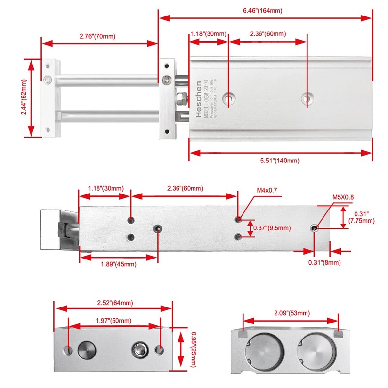 Heschen Dual Aluminum Air Cylinder CXSM 20-70 Guide Rod Plate