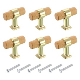 sourcing map 6 Pcs T Bar Wooden Drawer Pulls Wood Single Hole Dresser Drawer Knobs Furniture Dresser Pull Handles with Screws for Home Kitchen Room Closet Cupboard, Wood/Gold