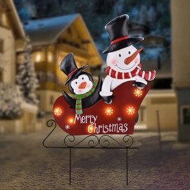 LIGHTSHINE Solar Metal Christmas Stakes Decor, Outdoor Christmas Decorations with Led Lights(2 Modes) for Porch, Lawn and Garden (Snowman and Penguin)