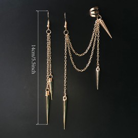 ANDPAI Unique Lightweight Black Silver Punk Long Tassel Chain Ear Cuff Earrings 316L Stainless Steel Vintage Barrel Nails Crawler Climer Dangle Drop Stud Earrings for Men Women Unisex (Gold 5)