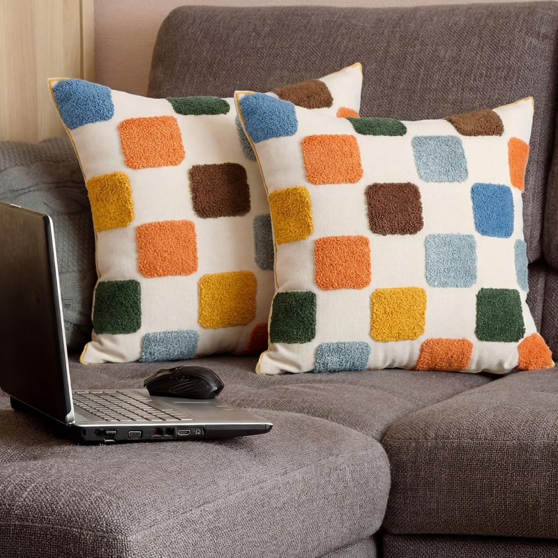 Mindsoft 2 Pcs Embroidered Plaid Throw Pillow Cover 18x18 Inches