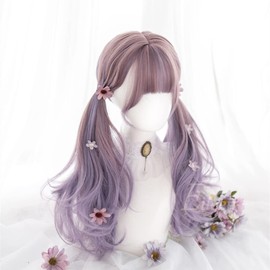 Eileen Long Curly Pink and Purple Wig, Perm, Full Wig, Natural Texture, Curly Hair, Princess Hair, Fluffy, Heat Resistant, Wig, Wind Chasing Girl, Small Face, Cute