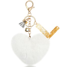 MWOOT Name Initial L Keyring, Alphabet Letter L Keychain with Heart Pom Pom, Bag Charm Ornament for Women Car Key Purse Backpack Bag Decorations, White Resin Key Holder Pendant